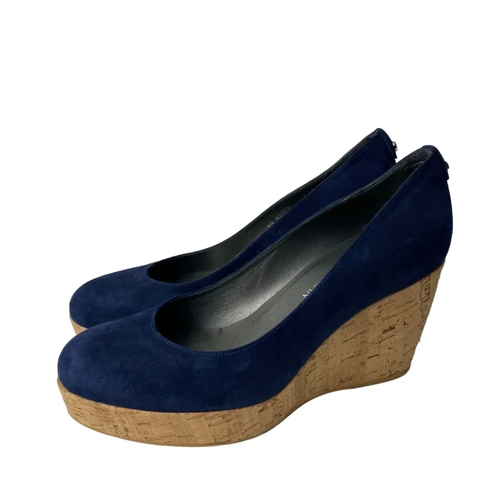 Stuart Weitzman Navy Suede Cork Wedge Pumps - Picture 7 of 11